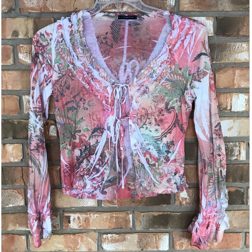 Boston Proper Women’s Multicolored Tie Front Long Bell Sleeve Top Small
